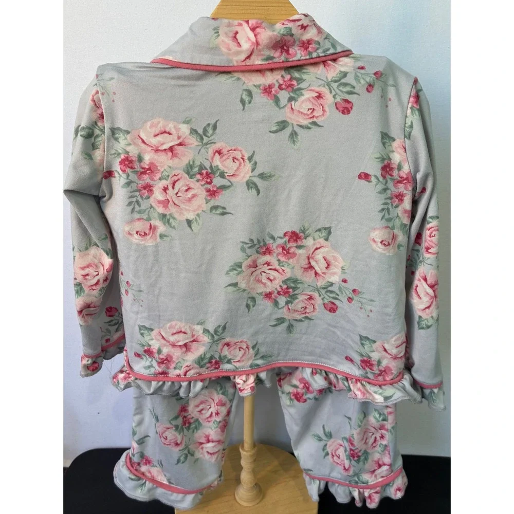 Tahari Pajama Set Floral Ruffle Girls 2T Blue Pink Good